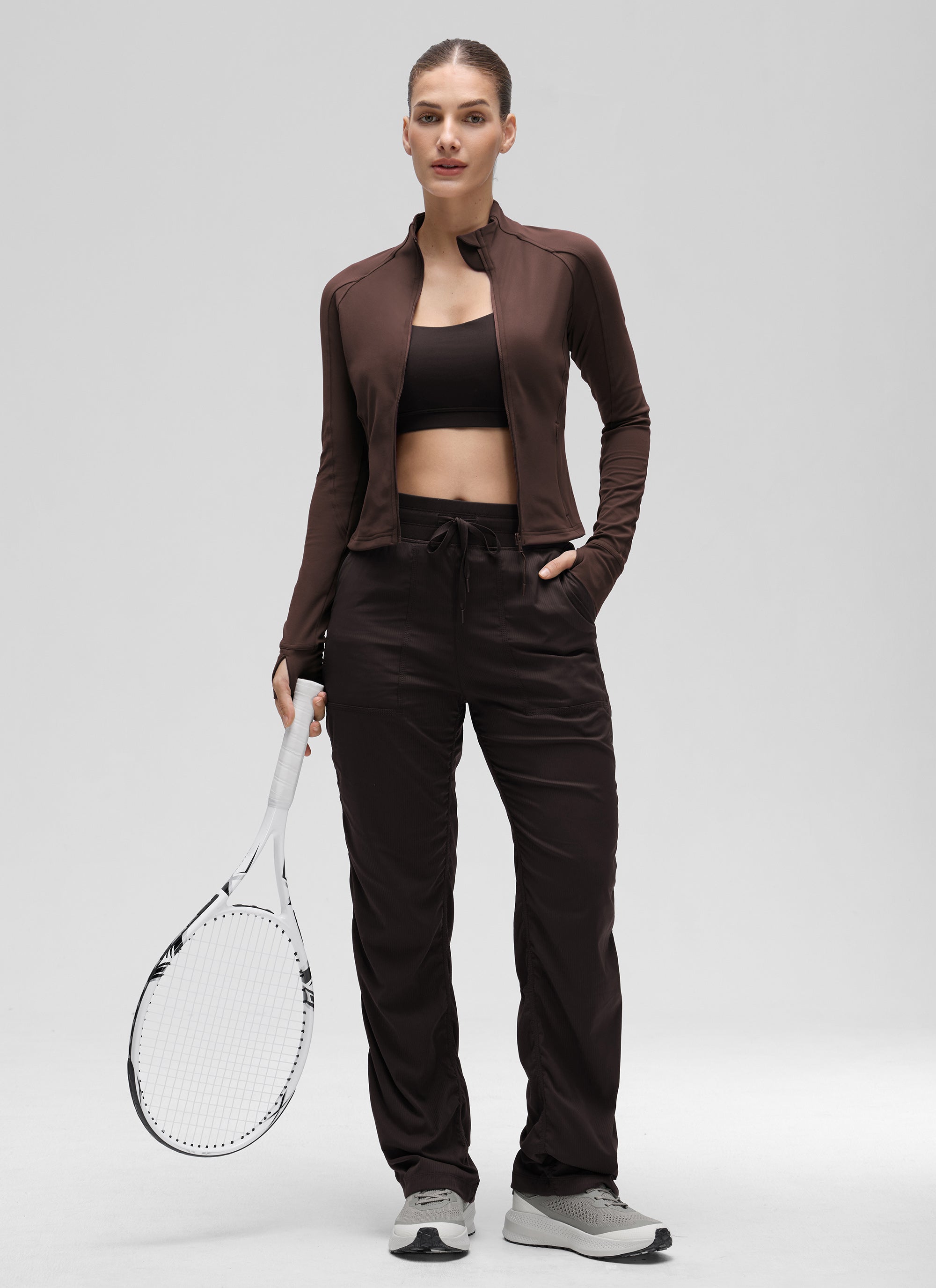 CRZ YOGA Women's Butterluxe Cropped Pocket Outerwear Full Zip Jackets Hot Fudge Brown