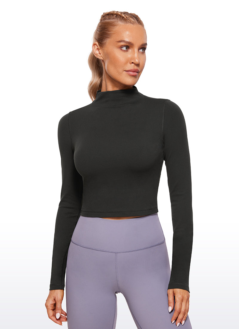 CRZ YOGA Haut de yoga court et ajusté à manches longues et col cheminée Butterluxe pour femme Noir