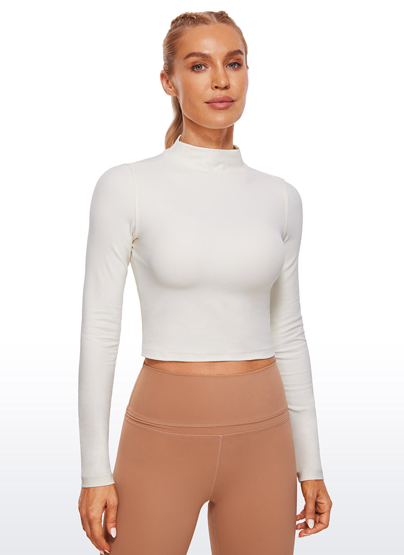 CRZ YOGA Haut Court de Yoga Manches Longues Col Montant Butterluxe Coupe Slim Femme Blanc Abricot