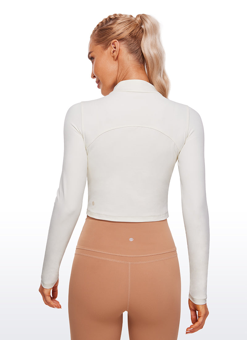 CRZ YOGA Haut Court de Yoga Manches Longues Col Montant Butterluxe Coupe Slim Femme Blanc Abricot