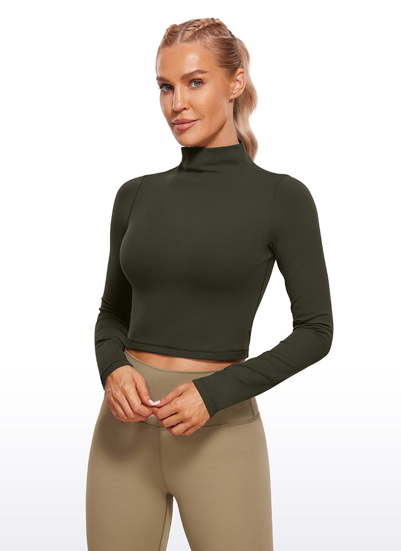 CRZ YOGA Haut de yoga court et ajusté à manches longues et col cheminée Butterluxe pour femme Vert Olive