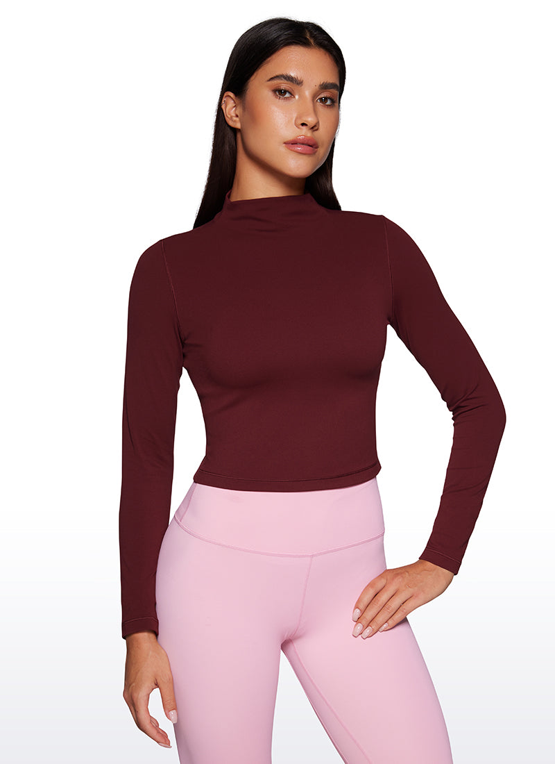 CRZ YOGA Haut de yoga court et ajusté à manches longues et col cheminée Butterluxe pour femme Rouge Merlot