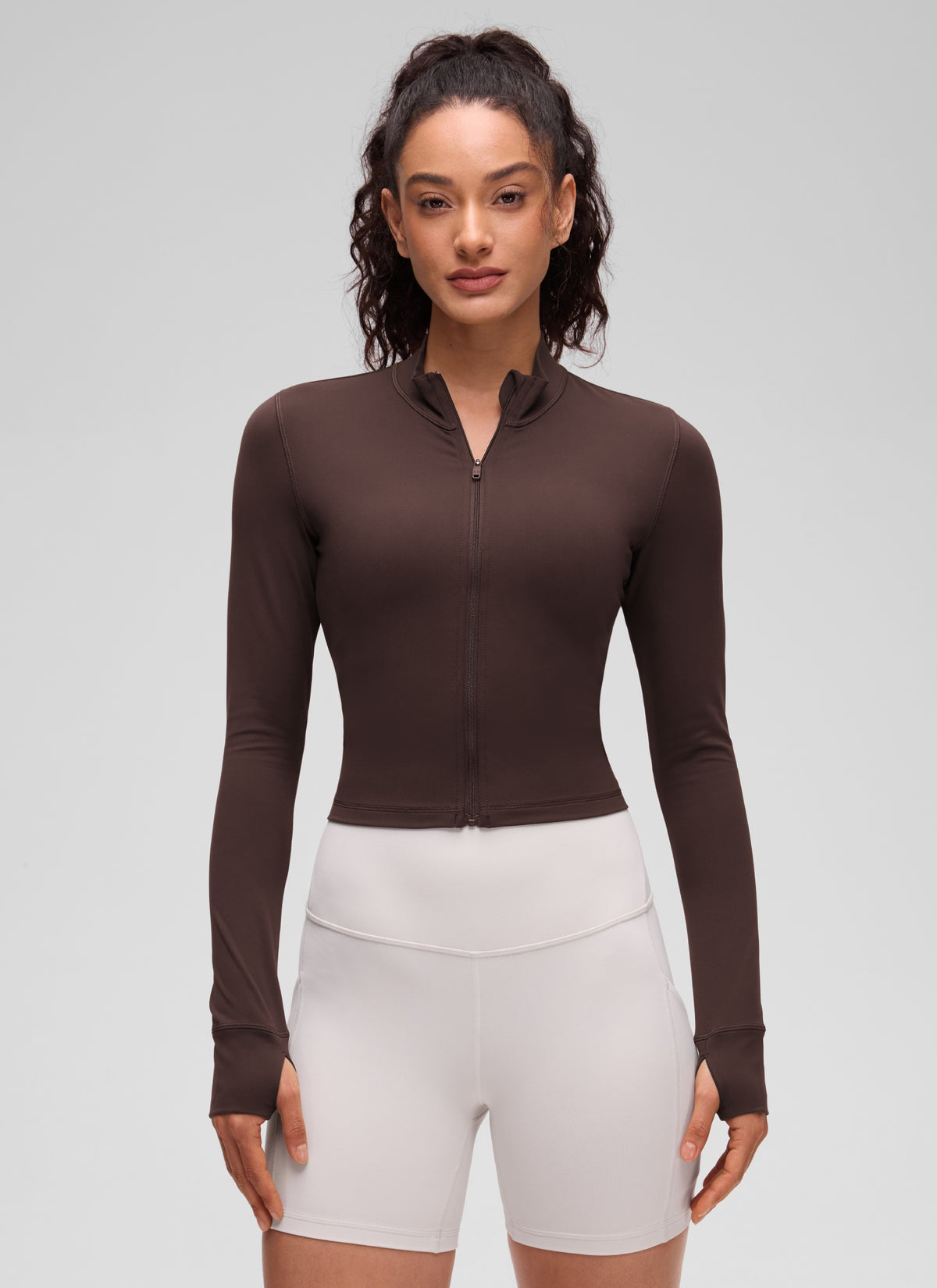 CRZ YOGA Women's Butterluxe Cropped Outerwear Full Zip Jackets Hot Fudge Brown