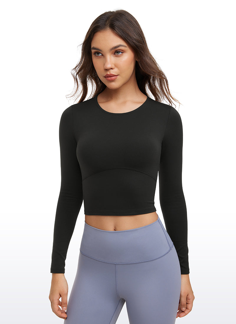 CRZ YOGA Haut court ajusté à manches longues et couture avant Butterluxe pour femme Noir
