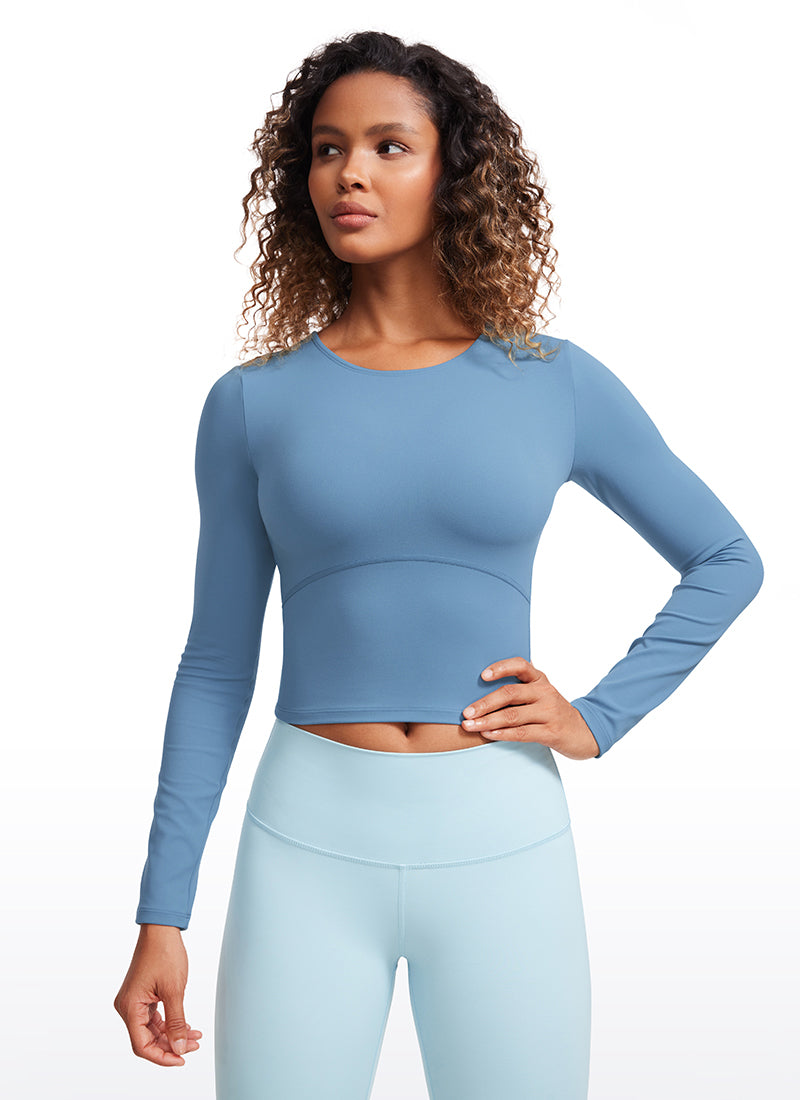 CRZ YOGA Haut court ajusté à manches longues et couture avant Butterluxe pour femme Bleu univers