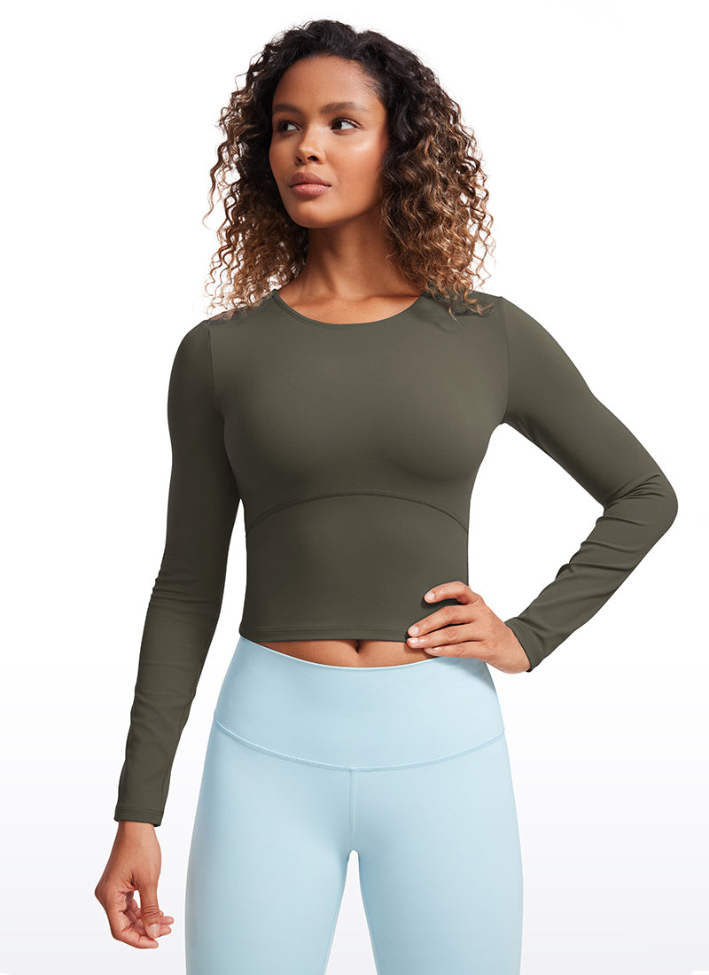 CRZ YOGA Haut court ajusté à manches longues et couture avant Butterluxe pour femme Vert armée clair