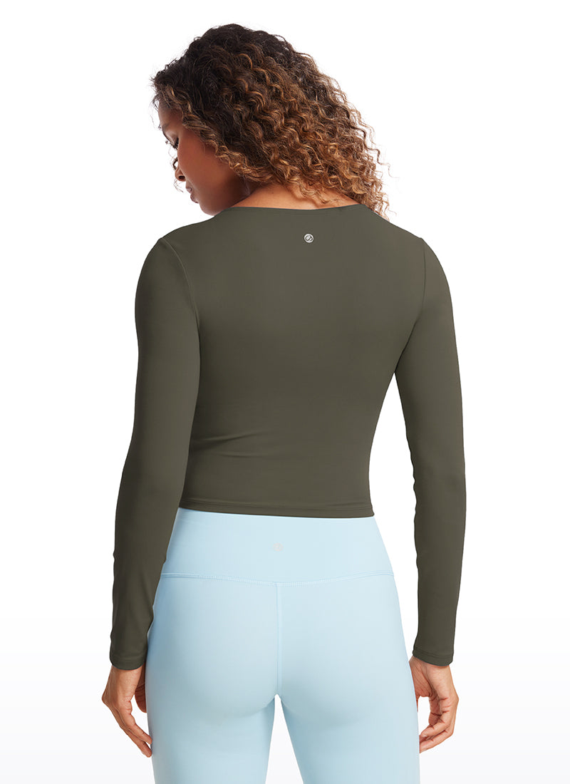 CRZ YOGA Haut court ajusté à manches longues et couture avant Butterluxe pour femme Vert armée clair