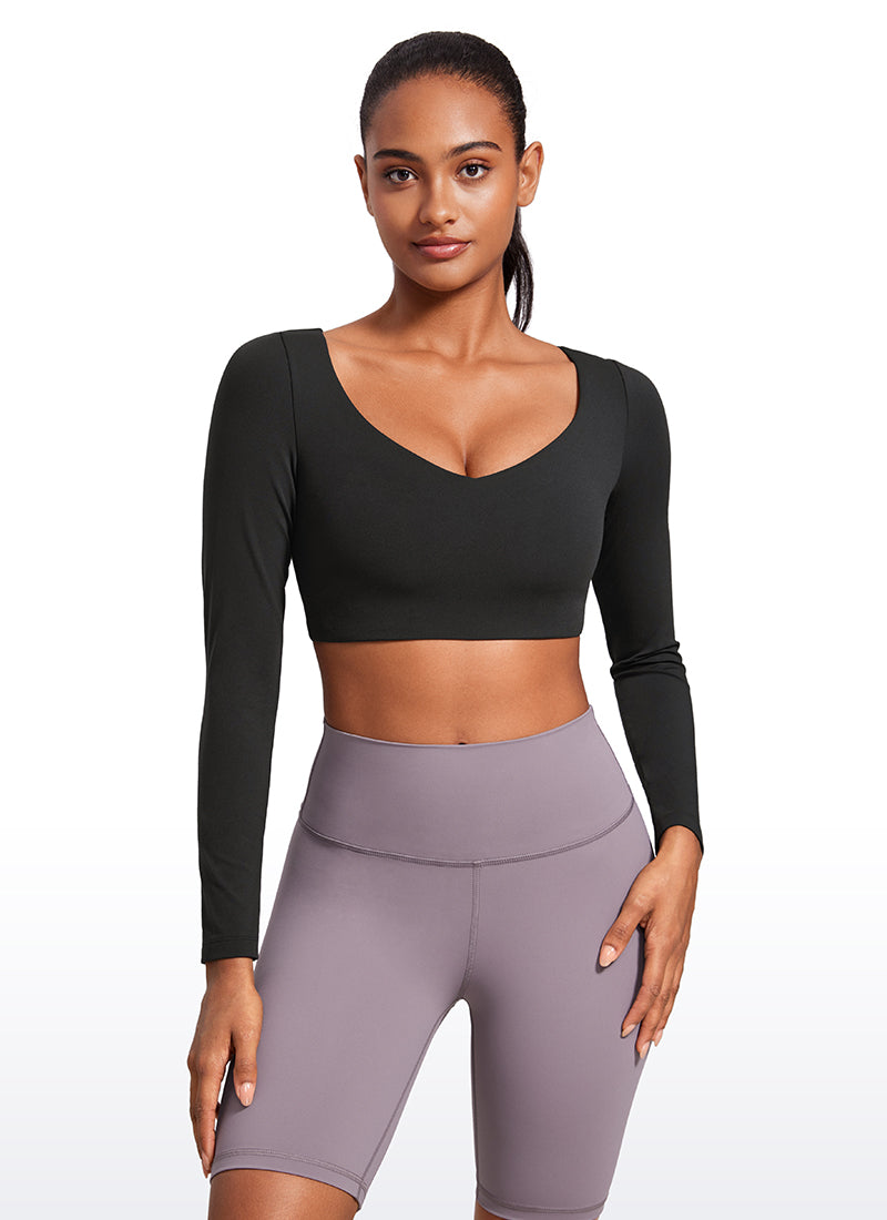 CRZ YOGA Damen- Butterluxe , doppelt gefüttert, langärmelig, V-Ausschnitt, kurz geschnitten, schwarz