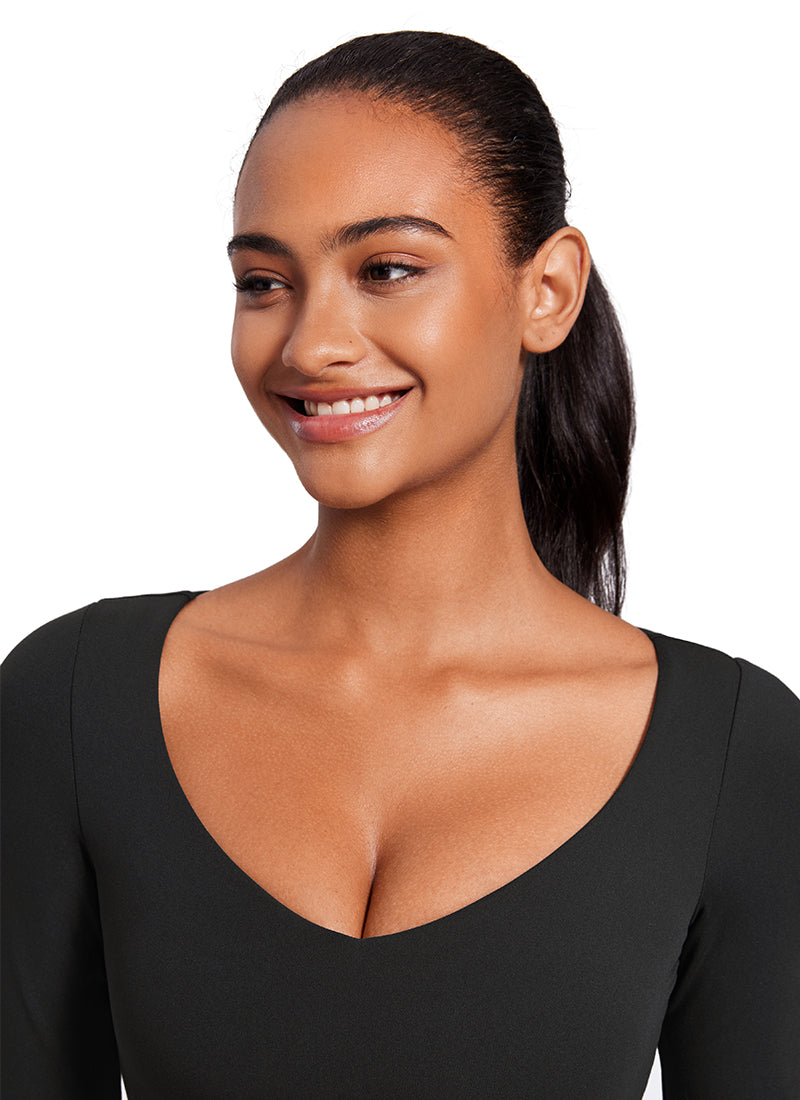 CRZ YOGA Haut Court de Sport Manches Longues Col en V Doublé Double Butterluxe Femme Noir