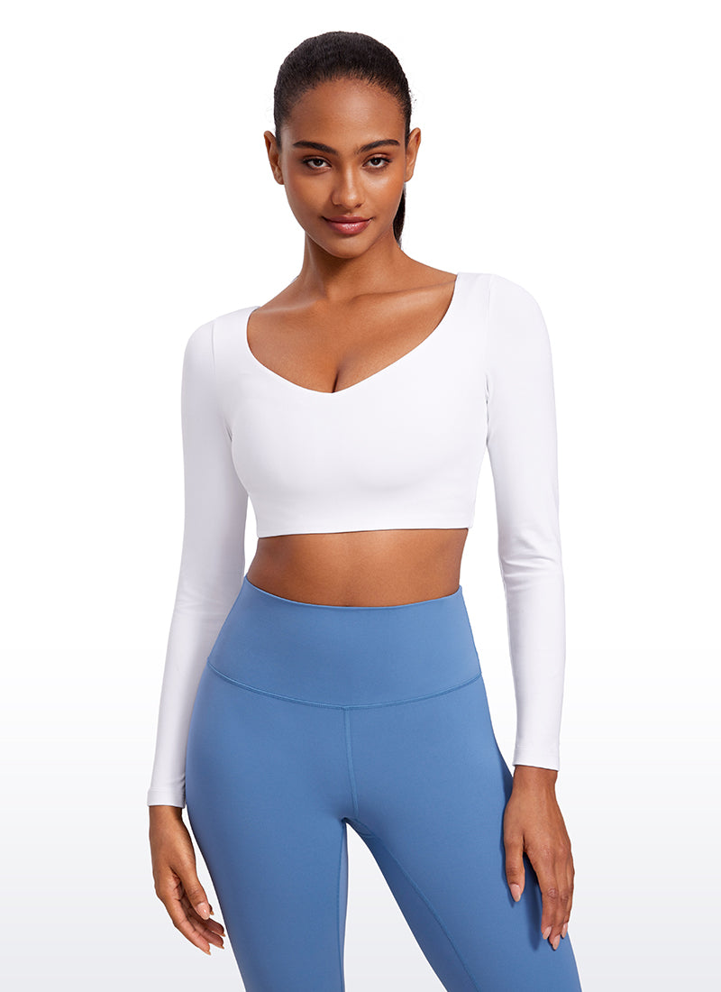 CRZ YOGA Damen- Butterluxe , doppelt gefüttert, langärmelig, V-Ausschnitt, kurz geschnitten, weiß