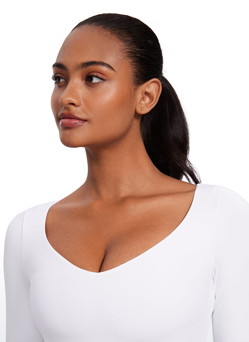 Haut court à manches longues, encolure en V et double doublure Butterluxe pour femme CRZ YOGA Blanc