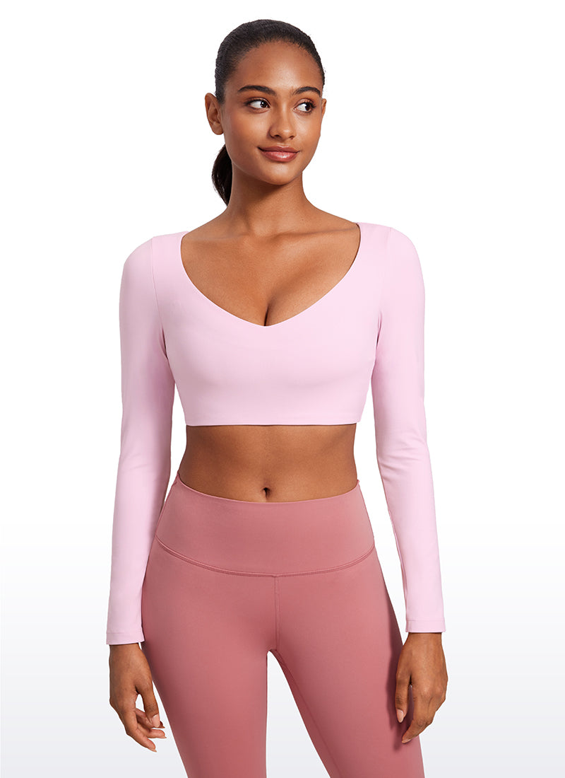 CRZ YOGA Damen- Butterluxe , doppelt gefüttert, langärmelig, V-Ausschnitt, kurz geschnitten, rosa Pfingstrose