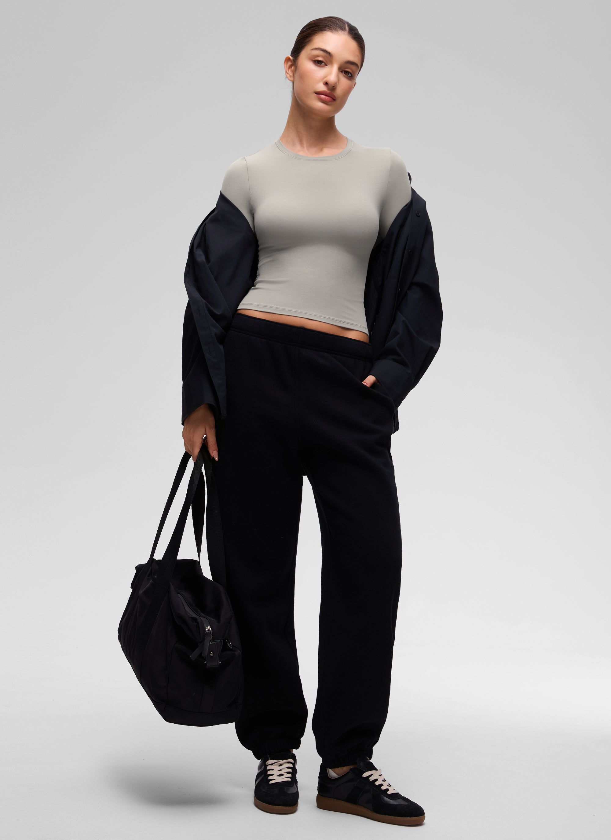 CRZ YOGA Women's Crew Neck Tight Fit Long Sleeve Shirts Casual Tee Rocky Grey