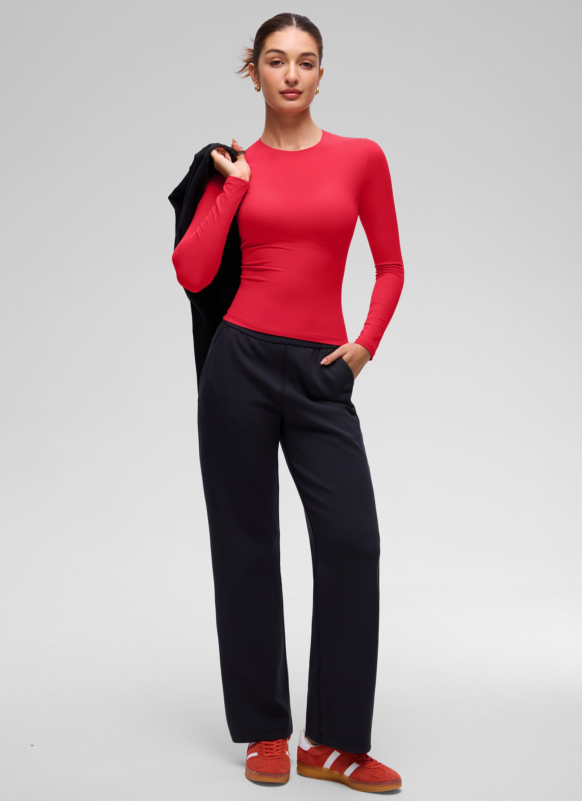 CRZ YOGA Women's Crew Neck Tight Fit Long Sleeve Shirts Casual Tee Aurora Red